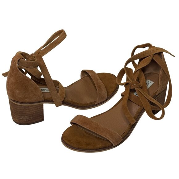 Steve Madden Suede Ankle Tie Block Heel Sandals Rizzaa Tan 7.5 - Picture 1 of 11